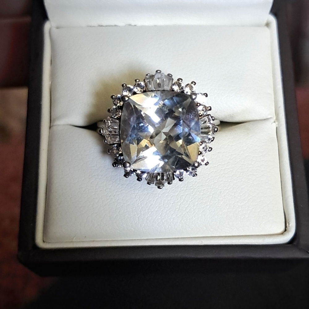Natural Topaz Halo Ring In 925 Sterling Silver.